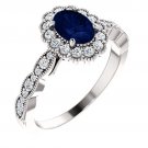 14K White Chatham Custom Designed Blue Sapphire & 3/8 CTW Diamond Ring