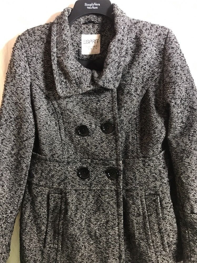 Vintage 80's Esprit coat LARGE Gray Wool Tweed Peacoat Lined Heavy Warm L