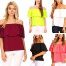 Solid Off the Shoulder Crepe Top Casual Ruffle Blouse