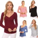 Women's Long Sleeve T-Shirt Casual Henley Basic Ribbed Knit Top