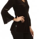 Velvet V-Neck Top Long Bell Sleeve Blouse Light Weight Sweater