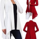 Long Sleeve Crochet Open Sweater Flyaway Ribbed Drape Cardigan w/ Sharkbite Hem