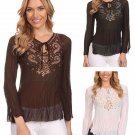 Bohemian Inspired Crinkled Sleeves Top Sequin Embellished Sheer Blouse