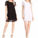 Relaxed Fit Lined Cotton Scallop Lace Short Shift Dress with Short Lace Sleeves