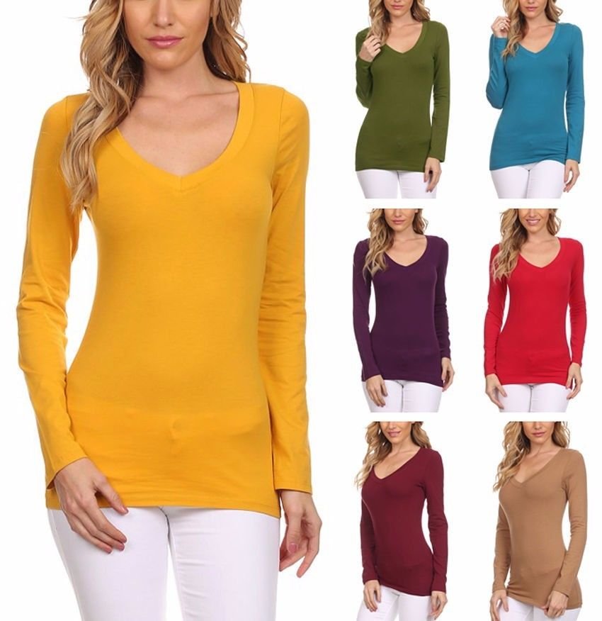 Basic Fitted Cotton V-Neck Top Long Sleeve T-Shirt Great for Layering