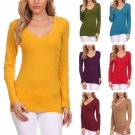Basic Fitted Cotton V-Neck Top Long Sleeve T-Shirt Great for Layering