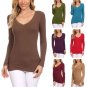 Basic Fitted Cotton V-Neck Top Long Sleeve T-Shirt Great for Layering