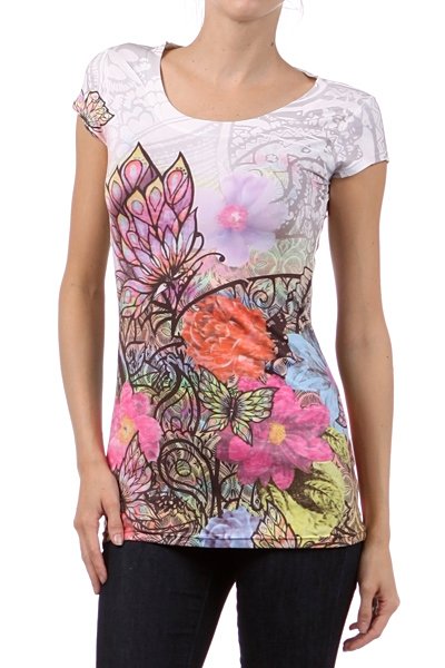 New Crew Neck Graphic Top Butterflies Flowers T-Shirt  S/M/L/XL