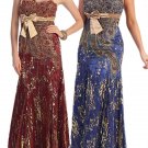 Peacock Feather Gold Detailed Long Formal Engagement Gown Sexy Prom Dress