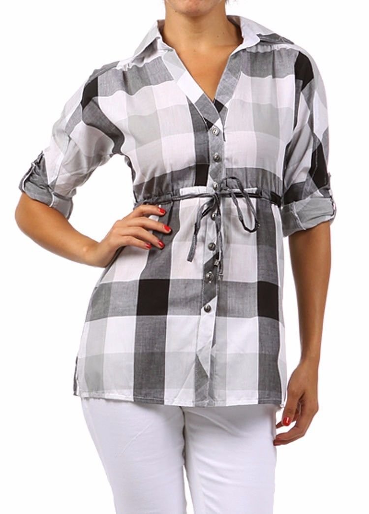 Plaid Button Down 3/4 Sleeve Tunic Top w/ Tie Front