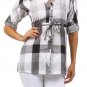 Plaid Button Down 3/4 Sleeve Tunic Top w/ Tie Front