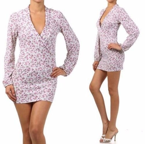 Micro Mini Floral Print Deep V-Neck Club Dress Long Sleeve Printed V-Neck Tunic