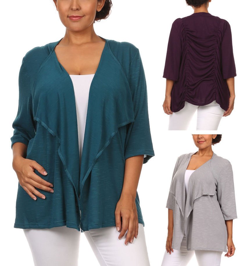 Plus Size 3/4 Sleeve Fly Away Open Front Drape Cardigan with Ruched Back