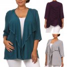 Plus Size 3/4 Sleeve Fly Away Open Front Drape Cardigan with Ruched Back