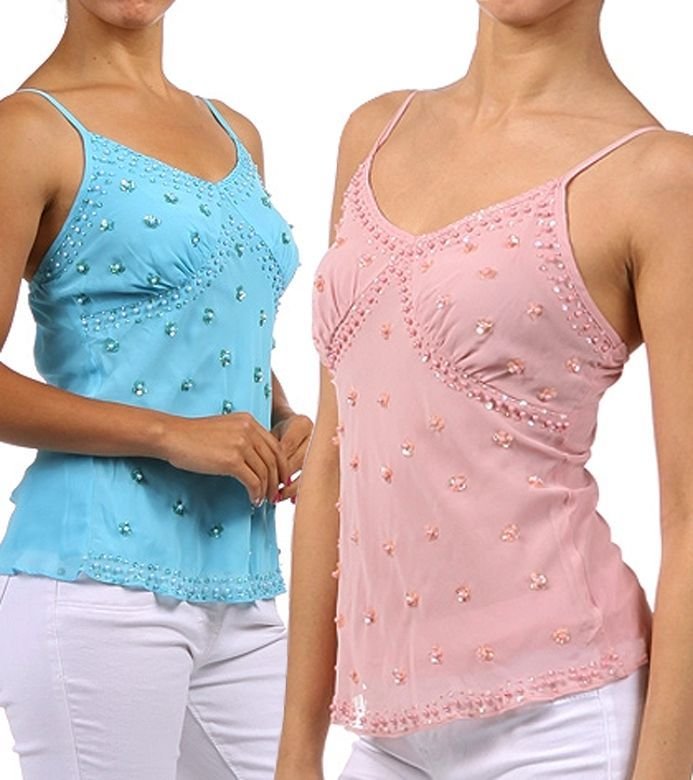 New Fully Lined Beaded Tank Cami Embellished V-Neck Top Fashion Central