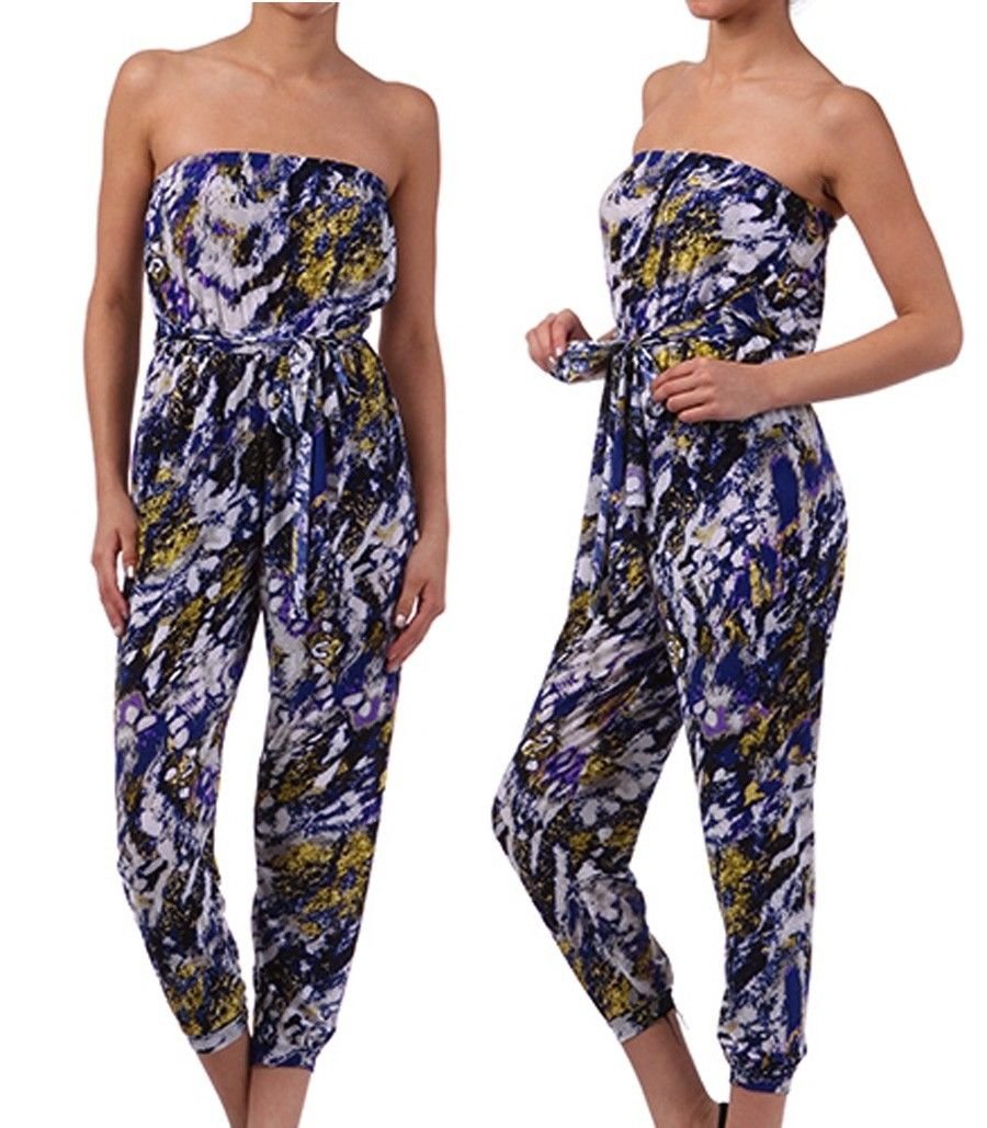 Strapless Printed Long Romper Belted Jumpsuit Fashion Central