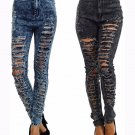 High Waist Distressed Acid Wash Cotton Shredded Jeans