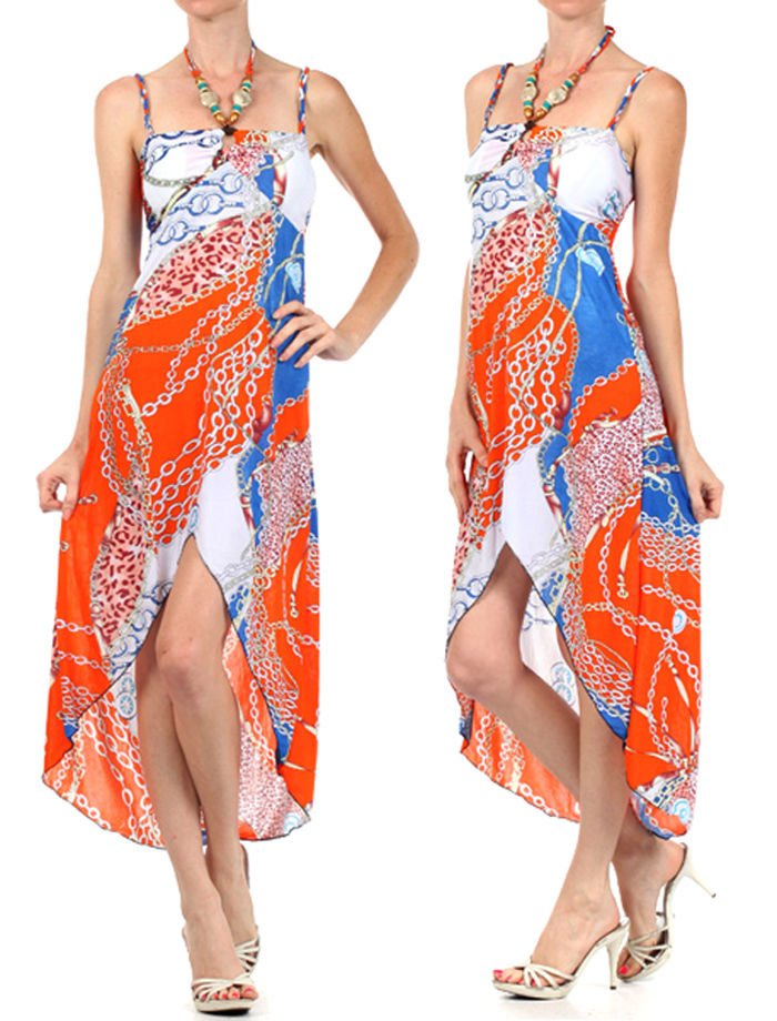 Silk Blend High Low Asymmetrical Hem Chain Printed Dress with Beaded Halter