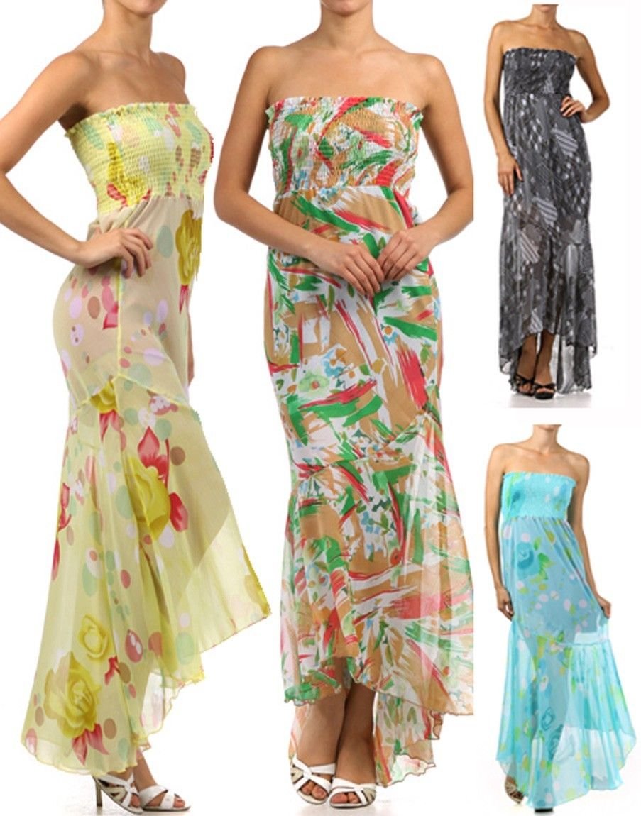 New Chiffon Long Asymmetrical Strapless Printed Smock Sun Dress