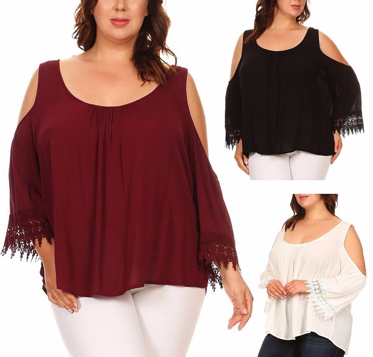 Solid Linen Cold Shoulder Top with Long Sleeve Crochet Trim