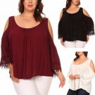 Solid Linen Cold Shoulder Top with Long Sleeve Crochet Trim