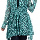 Woman's Plus Size Teal Animal Print Open Front Draped Cardigan w/ Front Tie Belt