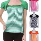 Woman's Juniors 100% Cotton Top Striped Cap Sleeve T-Shirt by Fashion Central