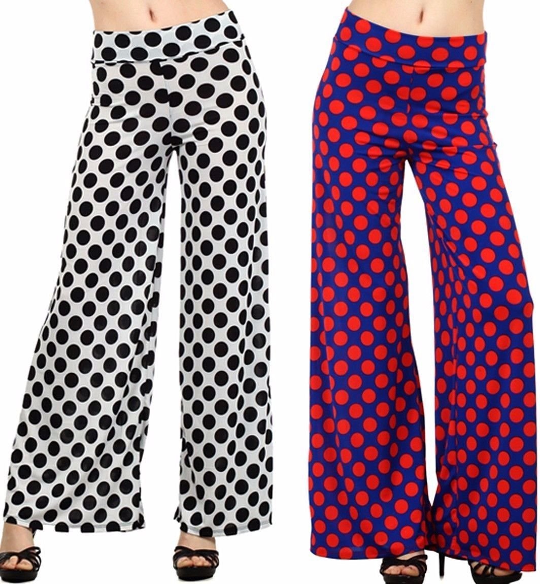 Polka Dot Print Wide Leg Fold Over High Waist Palazzo Flare Lounge Pants