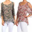 High Low Asymmetrical Paisley Print Top 3/4 Cut Out Sleeve Chiffon Blouse