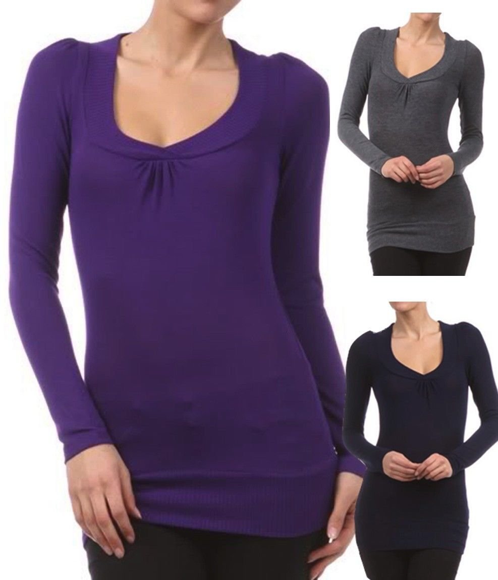 New Basic Long Sleeve Thin Light Weight Sweater Fitted Tunic Top