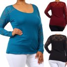 Regular & Plus Size Cotton Lace Long Sleeve Top Soft Knit Lace Back Blouse