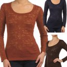 Scoop Neck Burnt Through Cotton Top Burnout Long Sleeve T-Shirt Fashion Central