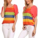 Striped Multicolor Colorful Top Loose Fit Chiffon Blouse