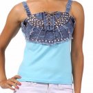 Casual Denim Sequin Studded Lace Up Tank Stretchy Cotton Top