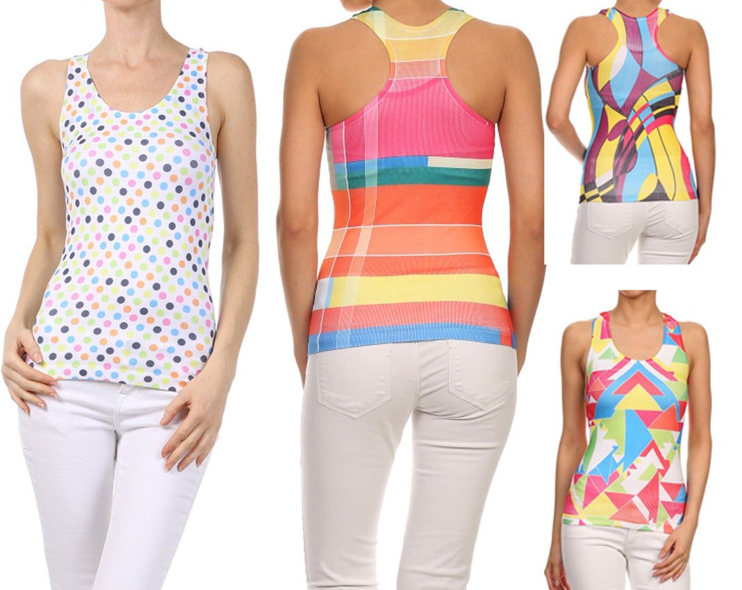 Graphic Racerback Multi-Print Stretchy Tank Tops