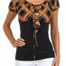 Slinky Checkard Short Sleeve Blouse with Elastic Neckline sizes S to 3X