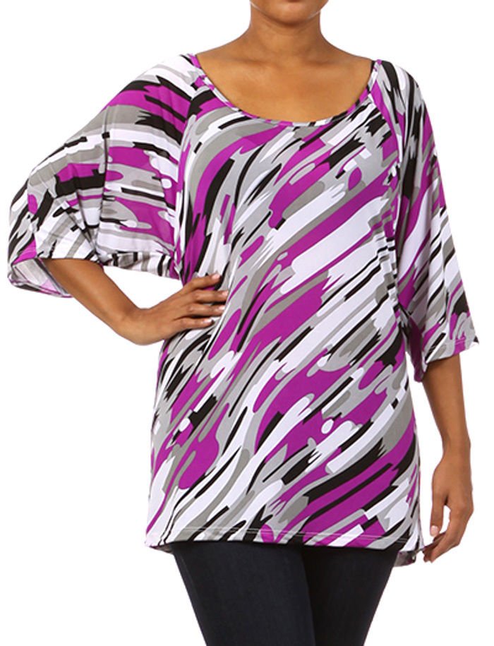 Woman's Plus Size Multi-Color Blouse w/ Back Bow & Batwing Sleeves Tunic Top