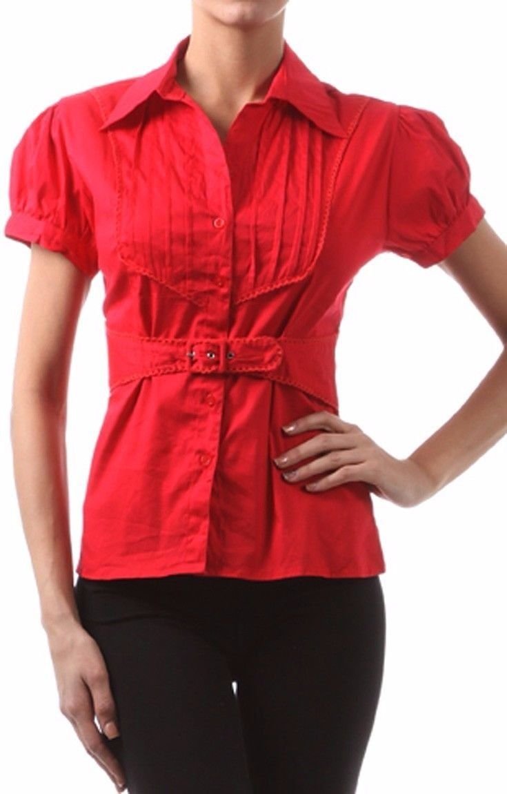 Cap Sleeve Cotton Blend Belted Top Button Down Shirt