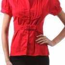 Cap Sleeve Cotton Blend Belted Top Button Down Shirt