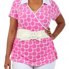 New Woman's Slinky Polka Dot Top Belted Collared Short Sleeve Blouse