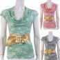 Cowl Neck Belted Blouse Slinky Printed Top w/ Cap Sleeves