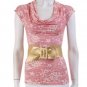 Cowl Neck Belted Blouse Slinky Printed Top w/ Cap Sleeves