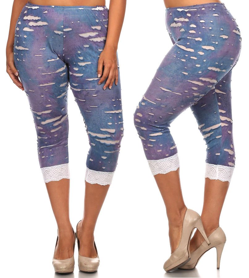 Shredded Purple Stretchy Plus Size Leggings w/ Lace Trimming Fashion Central