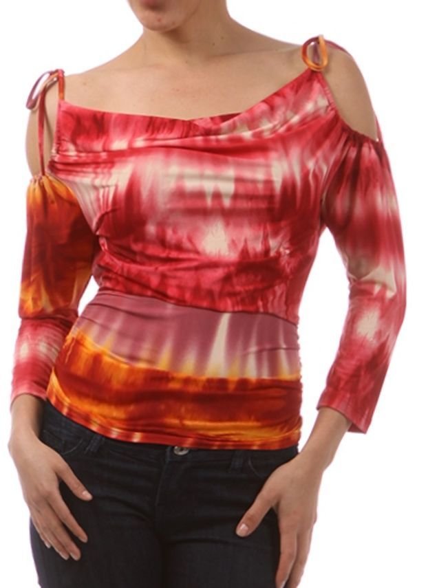 Tie Dye Two Tone Slinky Blouse Cut Out Open Shoulder Top