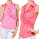 Crinkled Sleeveless Shirt Cotton Blend Ruffle Top