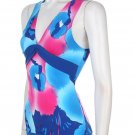 Paradise Blue Pink Rose Floral Top Slinky Sleeveless Blouse