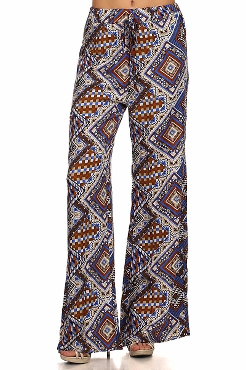 Multi-Color Diamond Printed Wide Leg Palazzo Pants w/ Elastic Waist Casual Pants