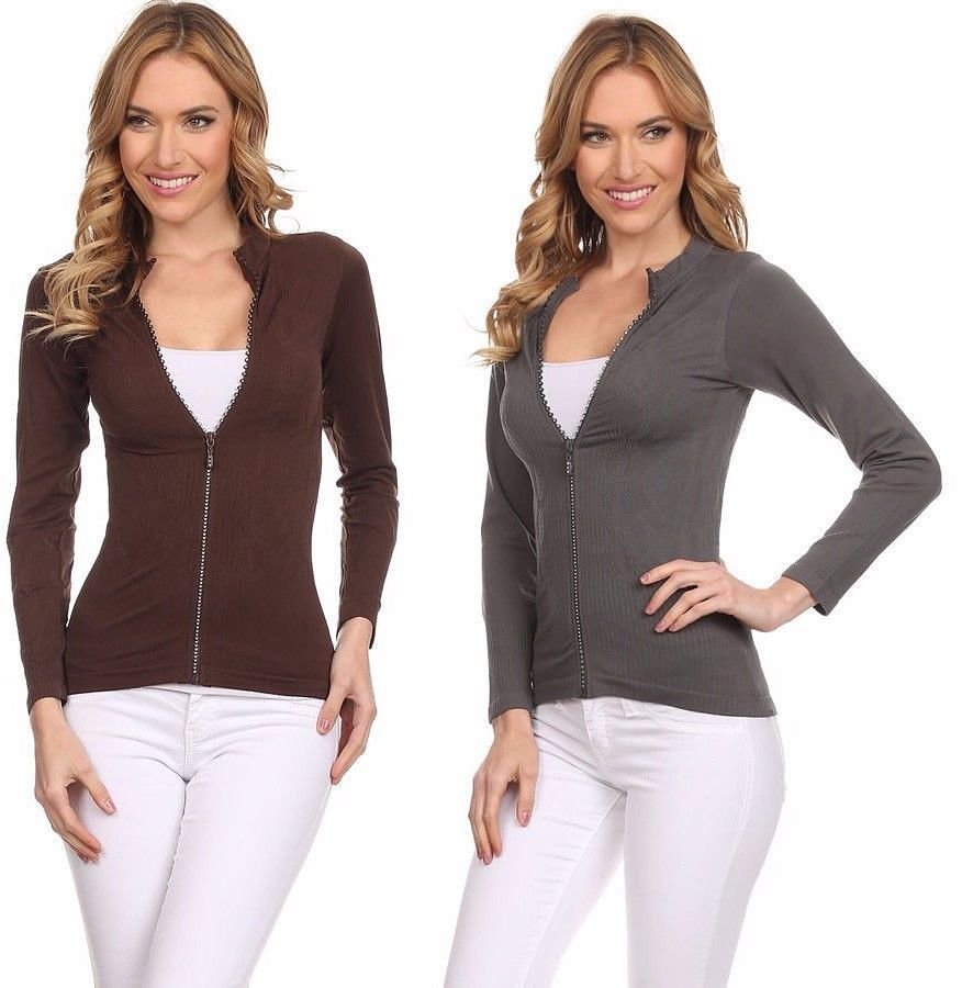 Basic Casual Knit Top Fitted Textured Stretchy Cardigan with Rhinestone Zipper