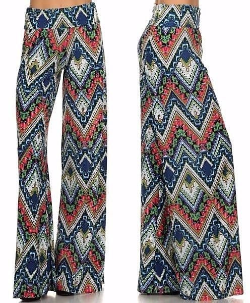 Multi-Color Chevron Wide Leg Fold Over High Waist Palazzo Flare Lounge Pants