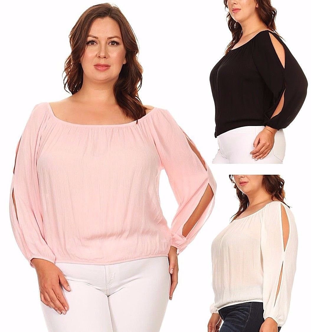 Scoop Neck Solid Linen Top with Long Open Cut Sleeves and Elastic Hem